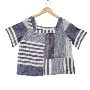 J Jill Petite Patchwork Square Neck Short Sleeve Top Stripe Cotton S Lagenlook